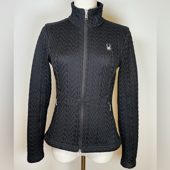 Spyder Black Cable Knit Full Zip Fleece Lined Sweater Jacket Women’s Size XS - Picture 4 of 16